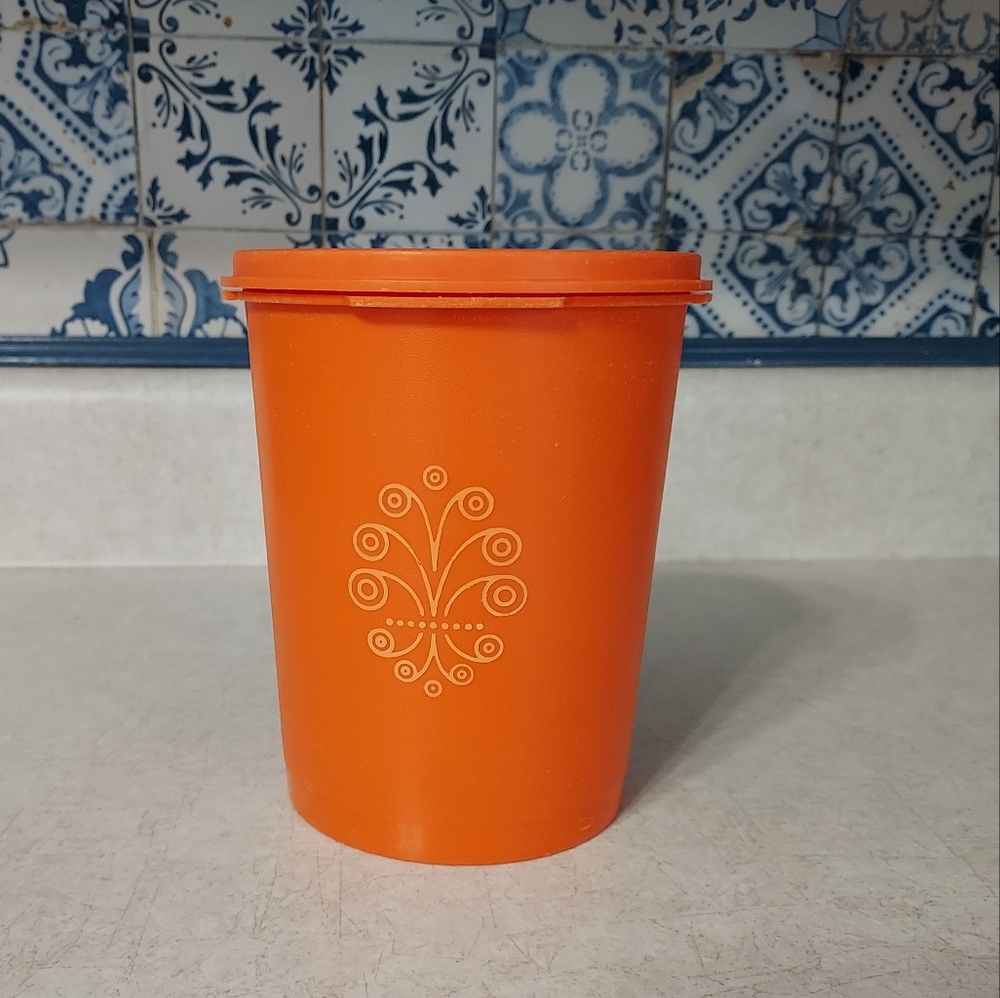 Vintage Tupperware Orange Small Canister #811-14 with Sunburst Lid #812-17